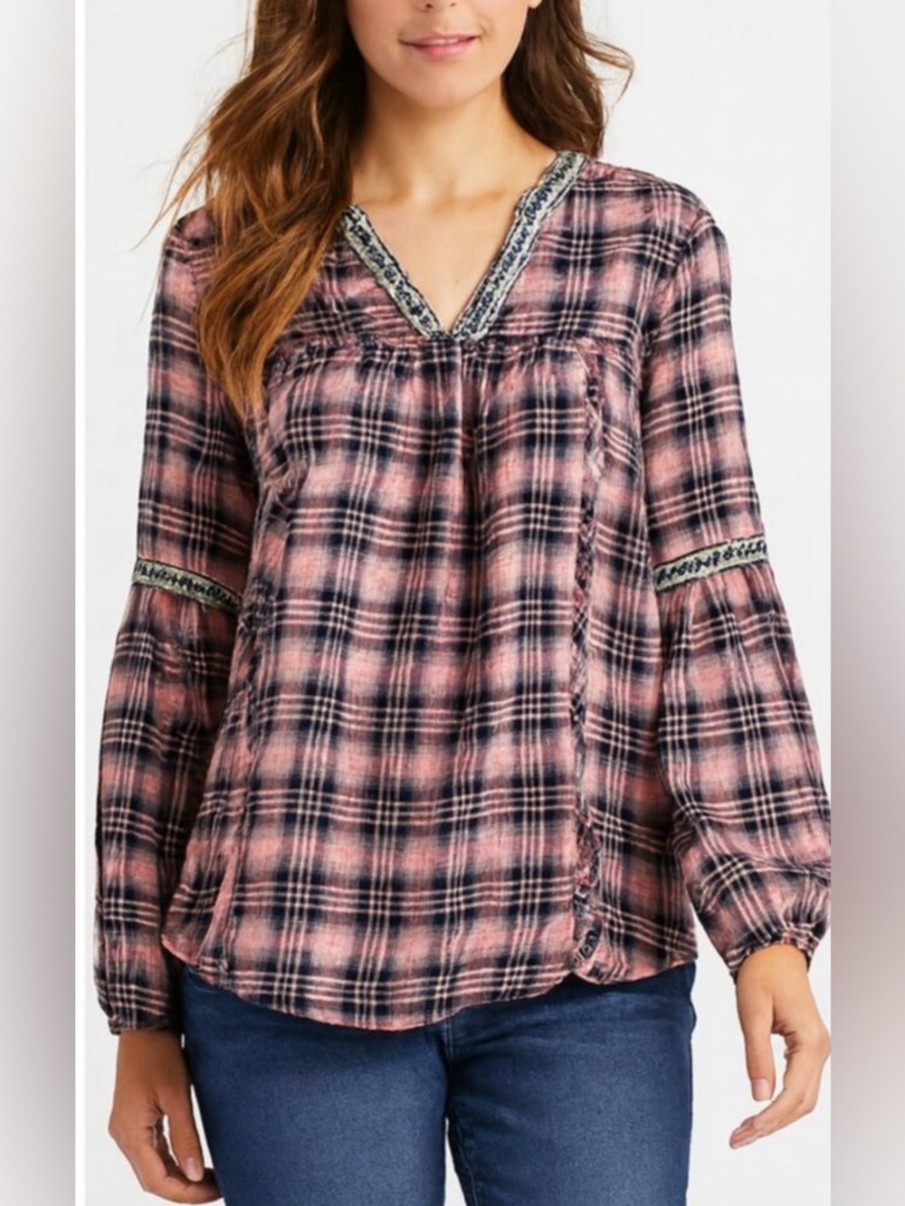 Knox Rose Pink and Black Plaid V-Neck Tunic